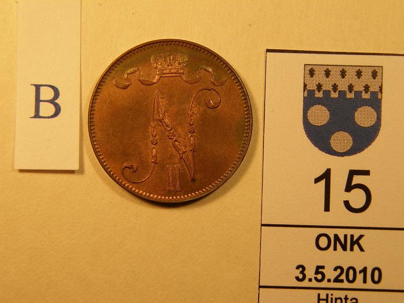 kohde_015_b.jpg - Kohde 15, tunnuspuoli 5 p 1908. Peilipinta! Pieni hp. Vaakunapuolella reunassa sateenkaaren v�rit. Kl 8/9, l�ht�hinta 320,-.