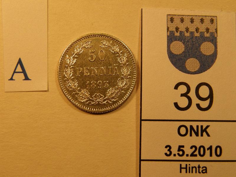 kohde_039_a.jpg - Kohde 39, arvopuoli 50 p 1893. SNY 328.2. Hnja. Kl 8, lh 120,-.