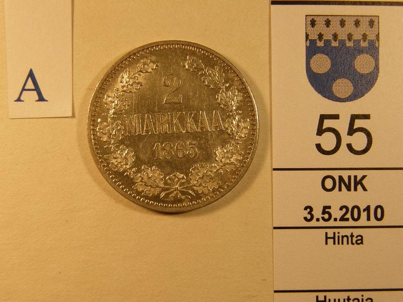 kohde_055_a.jpg - Kohde 55, arvopuoli 2 mk 1865. SNY 493.2. Kaunis! Kl 8, lh 270,-.
