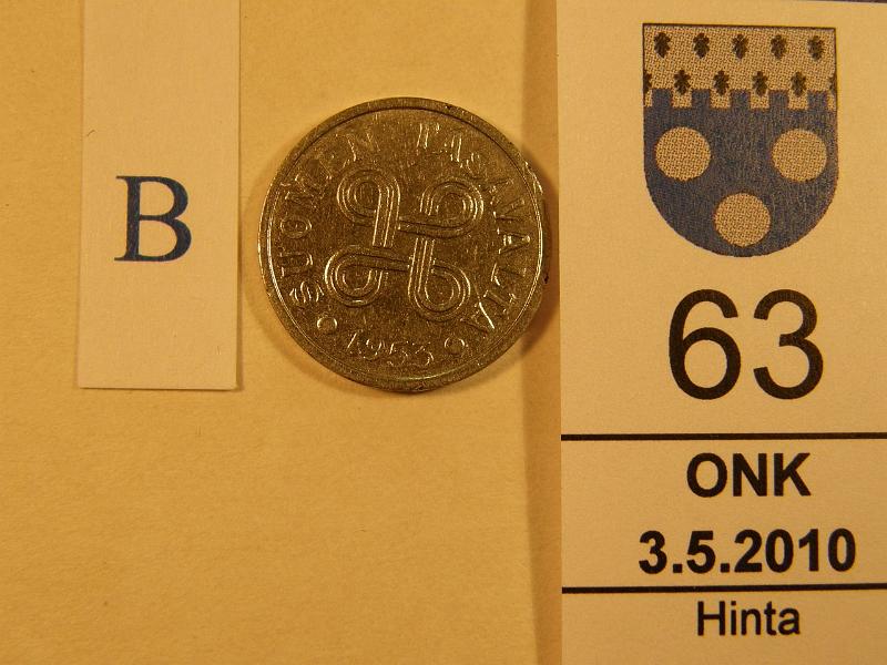 kohde_063_b.jpg - Kohde 63, tunnuspuoli 5 mk 1953 niklattu. Reunavikoja, niklaus tasainen, 2 ruostepistett�. Kl 6, lh 180,-.