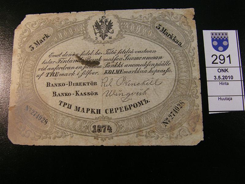 kohde_291_a.jpg - Kohde 291 3 mk 1874, 274928, Wrenckell-Winquist, repe�mi�, reiki�, tahra, puhdistusj�lki�, haalistumia, kulmat puutteelliset. Kl 2, lh 360,-.