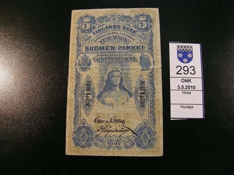 kohde_293_a.jpg - Kohde 293 5 mk 1897, 5794600, Collan-His-J�g. Repe�mi�, p.reiki�. SNY 129.1. Kl 3, lh 90,-.