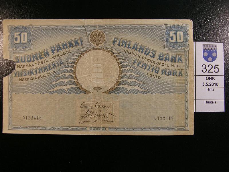kohde_325_a.jpg - Kohde 325 50 markkaa 1909, 0122418, Collan-M�ller. SNY 165.1. Hyv�t v�rit, kovahko paperi, reik�, repe�m� 2cm, pala puuttuu. Kl 3, lh 100,-.