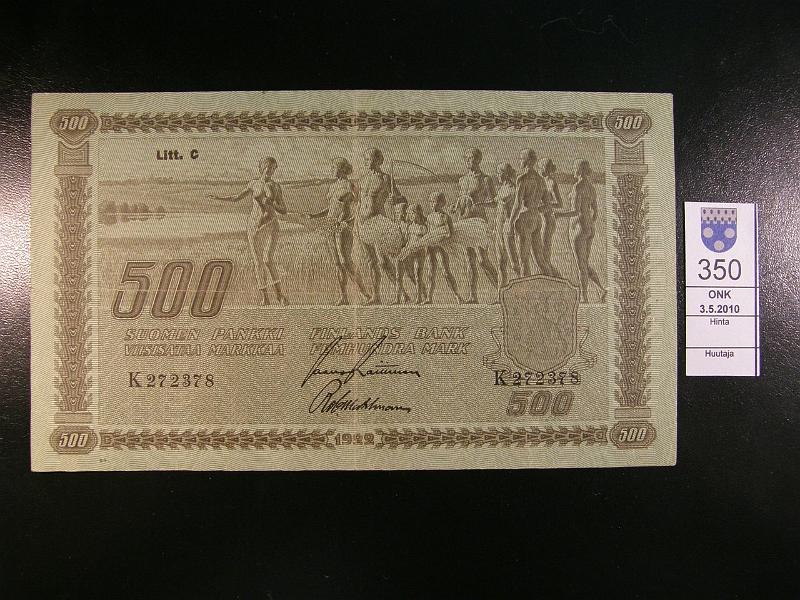 kohde_350_a.jpg - Kohde 350 500 mk 1922 Litt C, K272378, Raittinen-Wahlman. Tyyppi III, p.repe�m�. SNY 189.6. Kl 4, lh 150,-.