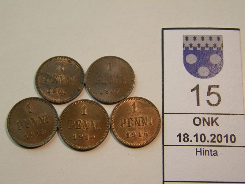 kohde_015_a.jpg - Kohde 15, lhthinta: 10 € 1 p Er 1905, -07, -12, -14, -16, leimakiiltoinen er (-05 hom), kunto: 7.