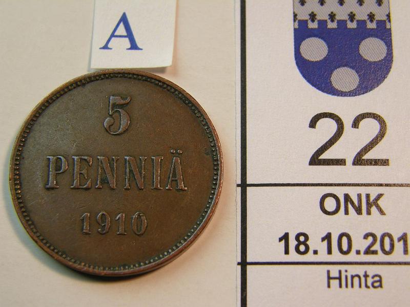 kohde_022_a.jpg - Kohde 22, arvopuoli, lhthinta: 25 € 5 p 1910, kunto: 5.