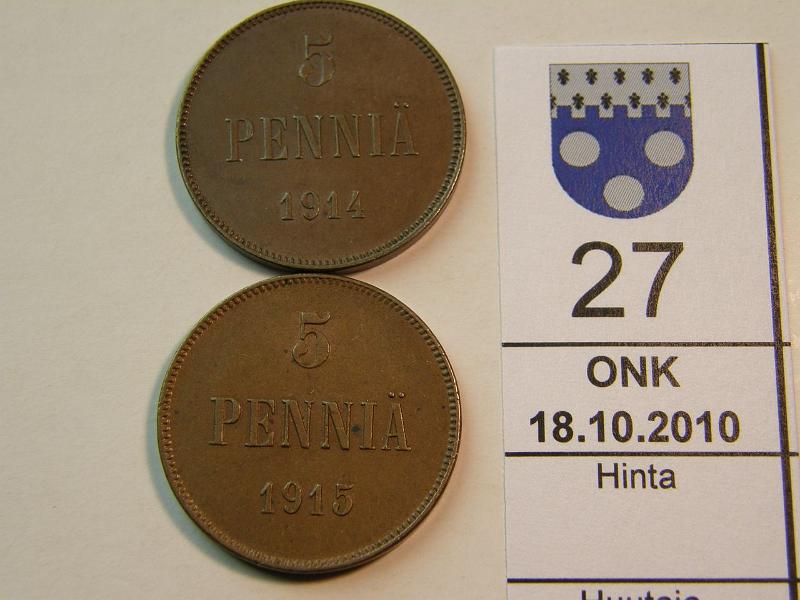 kohde_027_a.jpg - Kohde 27, lhthinta: 5 € 5 p 1914, -15 phpja, tummat, kunto: 7,6.