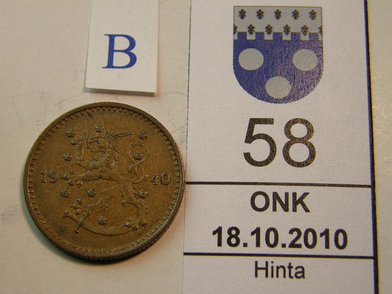 kohde_058_b.jpg - Kohde 58, tunnuspuoli, l�ht�hinta: 5 &euro; 1 mk 1940 Cu, kunto: 5.