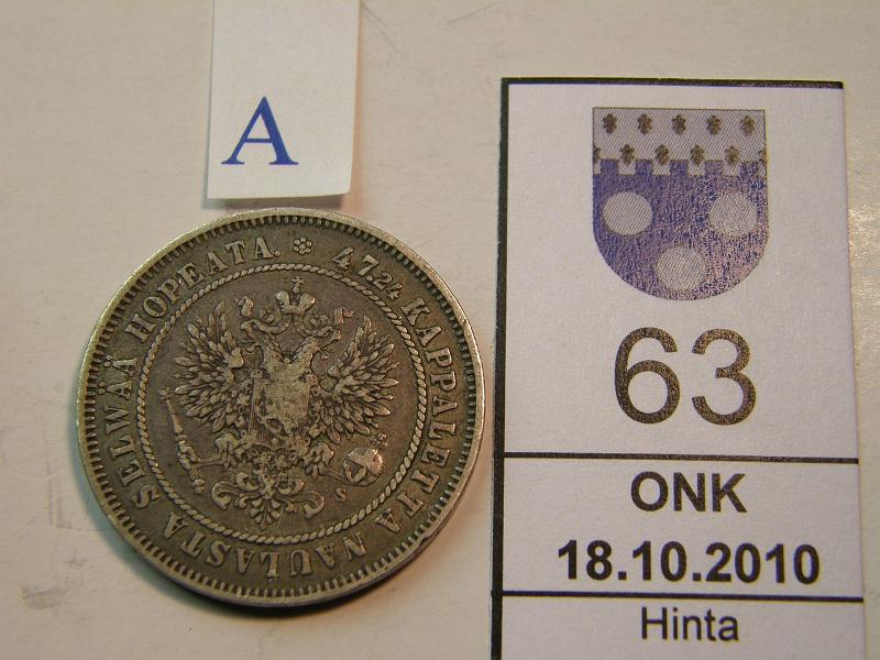 kohde_063_a.jpg - Kohde 63, tunnuspuoli, lhthinta: 12 € 2 mk 1874, kunto: 3/4.