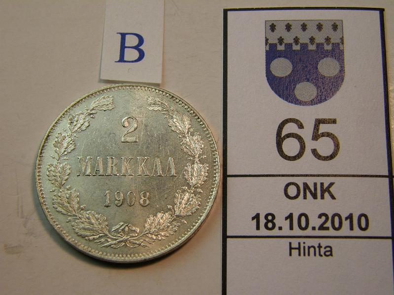 kohde_065_b.jpg - Kohde 65, arvopuoli, lhthinta: 40 € 2 mk 1908 hyvin vhisi hnja, yksi hp. Hieno!, kunto: 8.