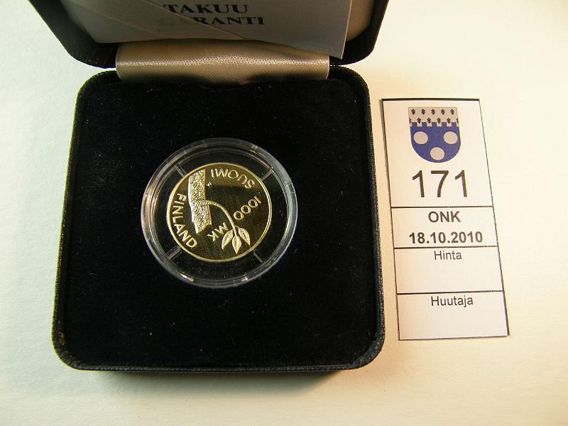 kohde_171_a.jpg - Kohde 171, lhthinta: 180 € 1000 mk 1997 Au, proof, 8.64 g / 900, Itseninen Suomi 80 v, kotelo, aitoustod, kunto: 10.