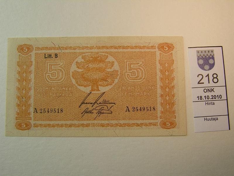 kohde_218_a.jpg - Kohde 218, lhthinta: 12 € 5 mk 1945 LB A2549518 RAI-AAs. SNY 134.2, kunto: 9.