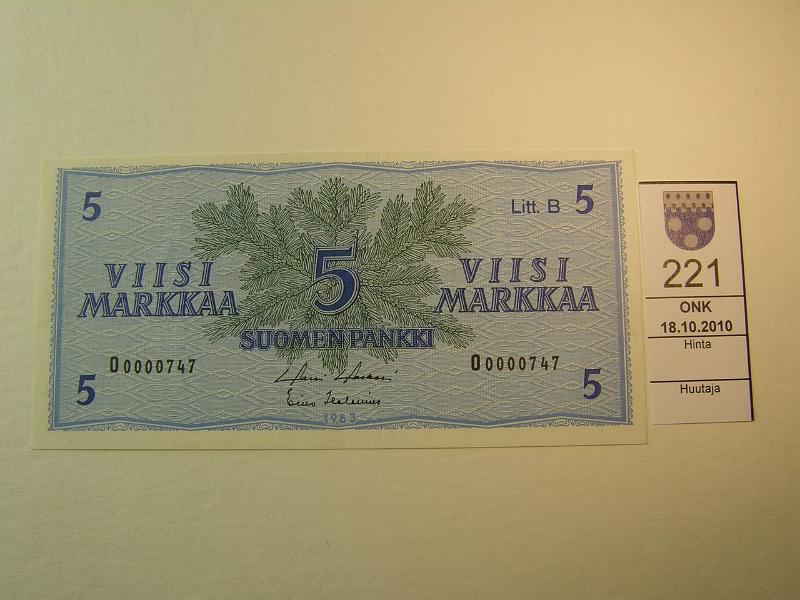 kohde_221_a.jpg - Kohde 221, lhthinta: 30 € 5 mk 1963 LB O0000747 HOL-Hes. Pienehk sn. SNY 135.6, kunto: 8.