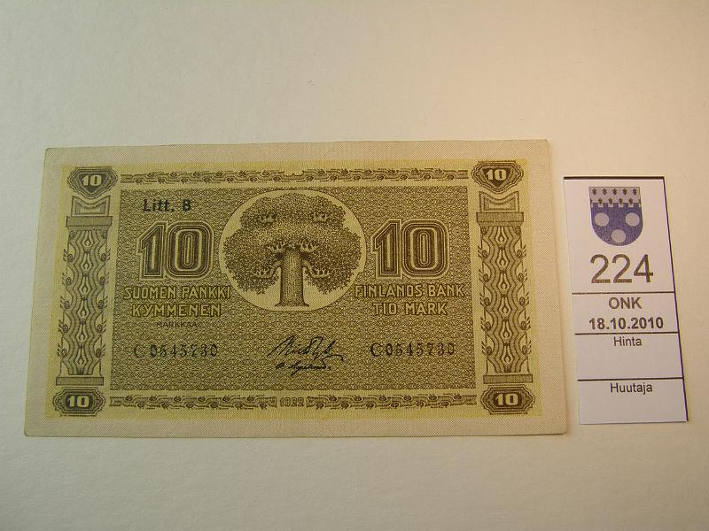 kohde_224_a.jpg - Kohde 224, lhthinta: 56 € 10 mk 1922 LB C0545730 RYT-OAs. SNY 143.3, kunto: 6.
