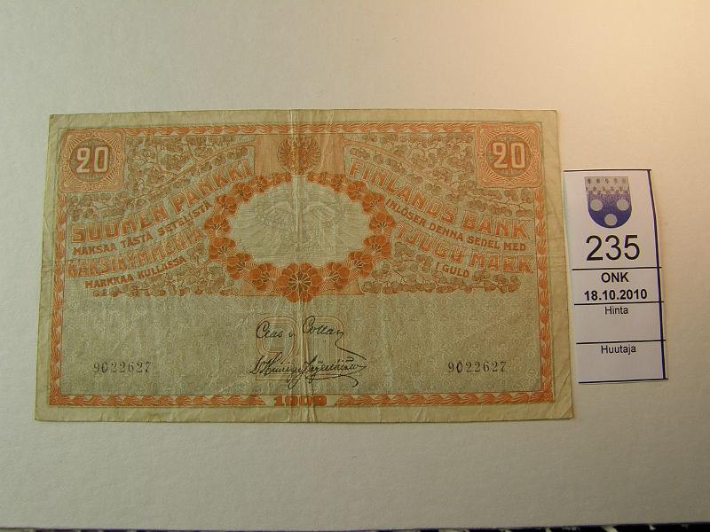 kohde_235_a.jpg - Kohde 235, lhthinta: 5 € 20 mk 1909 9922627 COL-His. Toinen 9 korjattu 0:ksi. SNY 156.4, kunto: 4.