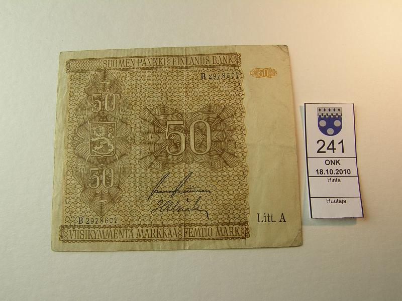 kohde_241_a.jpg - Kohde 241, lhthinta: 5 € 50 mk 1945 LA B297607 RAI-Als. Laatta II. SNY 169.2, kunto: 5.