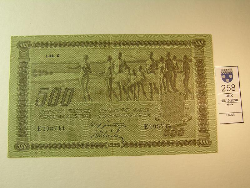 kohde_258_a.jpg - Kohde 258, lhthinta: 120 € 500 mk 1922 LC typ II E793744 JUT-Als. Pkeskireik, kovahko paperi. SNY 189.5, kunto: 4.