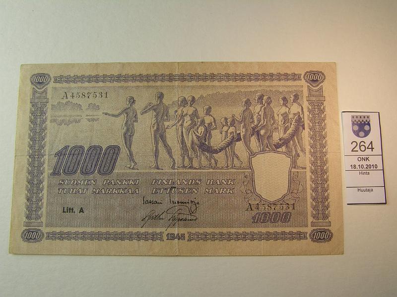 kohde_264_a.jpg - Kohde 264, lhthinta: 90 € 1000mk 1945 LA A4587531 TUO-AAs. SNY 199.1, kunto: 4.