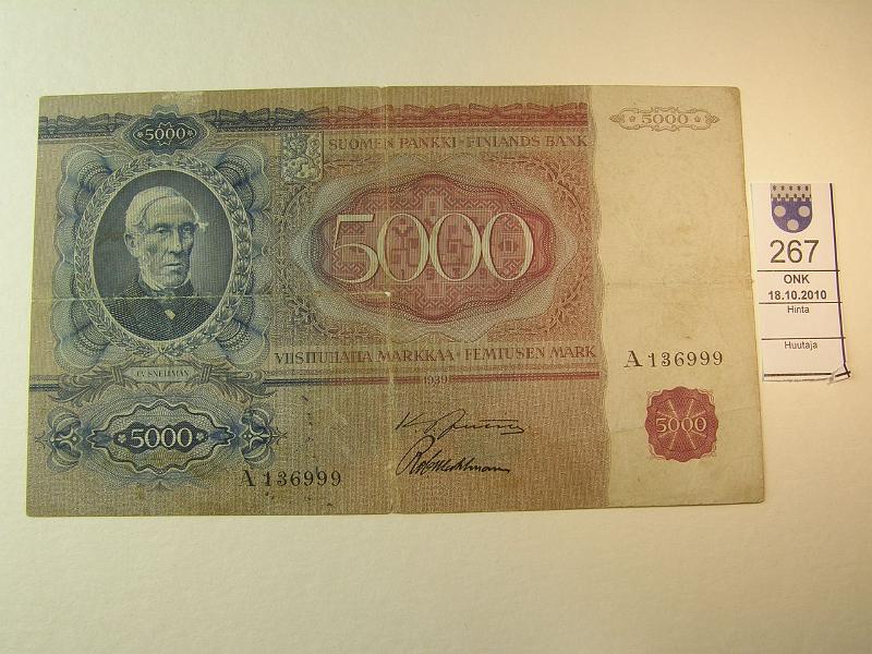 kohde_267_a.jpg - Kohde 267, lhthinta: 720 € 5000mk 1939 A136999 JUT-Wah. Prep, keskireik, syv ristitaitos, kunto: 3.
