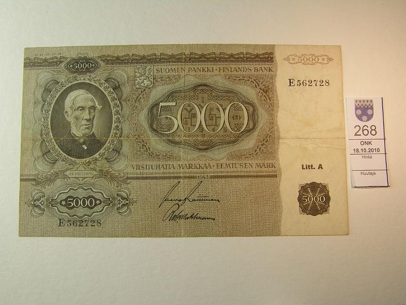 kohde_268_a.jpg - Kohde 268, lhthinta: 315 € 5000mk 1945 LA E562728 RAI-Wah. Pkeskireik, kunto: 4.