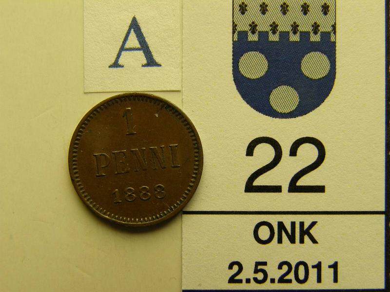 kohde_022_a.jpg - Kohde 22, arvopuoli, lhthinta: 10 € 1 p 1888 meistivika, kunto: 6.