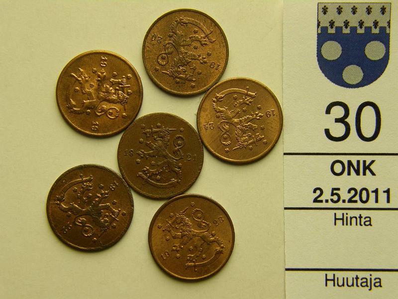 kohde_030_a.jpg - Kohde 30, l�ht�hinta: 12 &euro; 1 p Er� (6) 1919-24 kaikki, -22 tumma, muut leimakiiltoisia, kunto: 6-8.