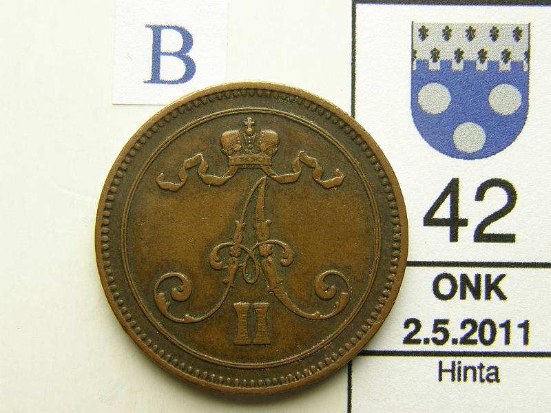 kohde_042_b.jpg - Kohde 42, tunnuspuoli, lhthinta: 50 € 10 p 1865 tumma patina, varsin hyv tlle vuodelle, kunto: 5/6.