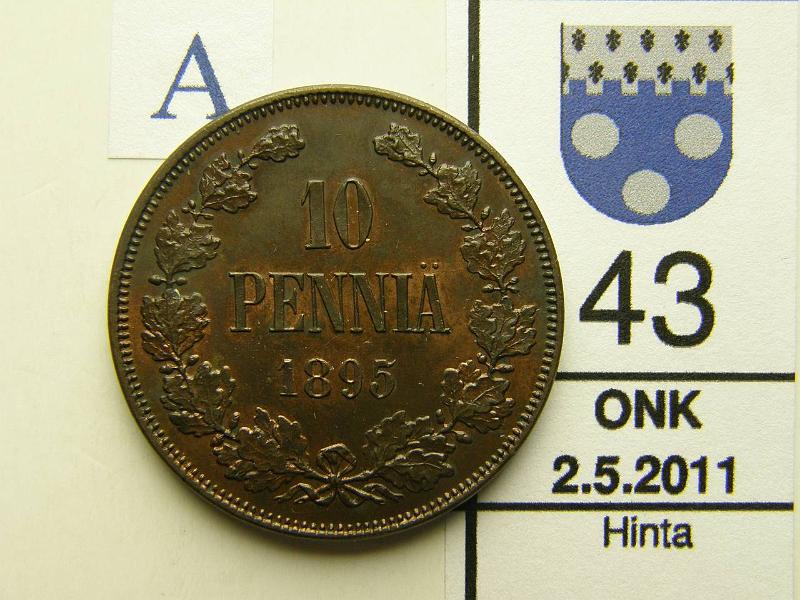 kohde_043_a.jpg - Kohde 43, arvopuoli, lhthinta: 200 € 10 p 1895 kaunis, osin kuparinpun., osin tumma patina, tysin kulumaton, kunto: 9/8.