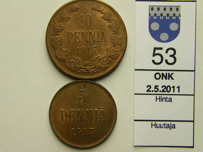 kohde_053_a.jpg - Kohde 53, lhthinta: 5 € 10 p 1917 (2) 5+10p II leimakiiltoa, kunto: 7.8.