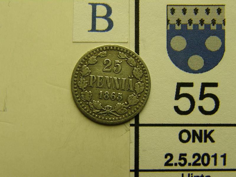 kohde_055_b.jpg - Kohde 55, arvopuoli, lhthinta: 35 € 25 p 1865 Ag, SNY 265.1.2, kunto: 3/4.