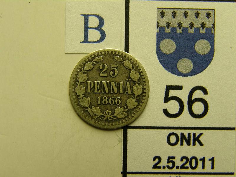 kohde_056_b.jpg - Kohde 56, arvopuoli, lhthinta: 10 € 25 p 1866 Ag, SNY 266.1.1, kunto: 2/3.