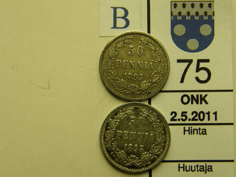 kohde_075_b.jpg - Kohde 75, arvopuoli, lhthinta: 5 € 50 p 1893 (2) Ag, SNY 328.2, toinen kl 4 eprv, kunto: 4,5.