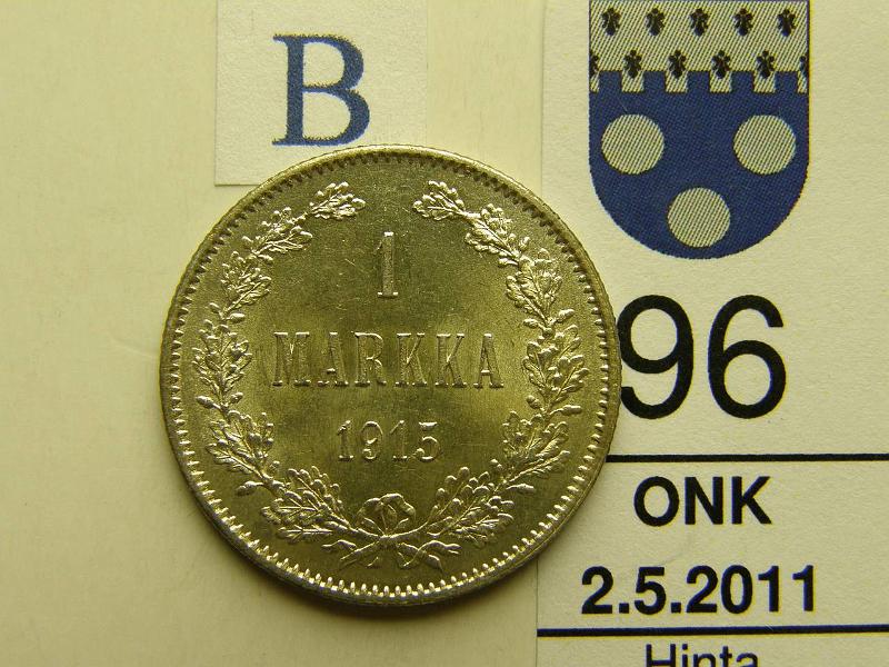 kohde_096_b.jpg - Kohde 96, arvopuoli, lhthinta: 15 € 1 mk 1915 Ag, kunto: 9.