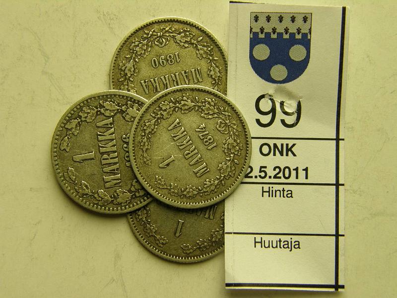 kohde_099_a.jpg - Kohde 99, lhthinta: 20 € 1 mk Er (4) Ag, 1866, -74, -90, -93, kunto: 3-5.