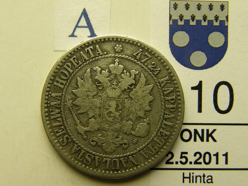 kohde_110_a.jpg - Kohde 110, tunnuspuoli, lhthinta: 15 € 2 mk 1866 Ag, SNY 294.1, kunto: 4.