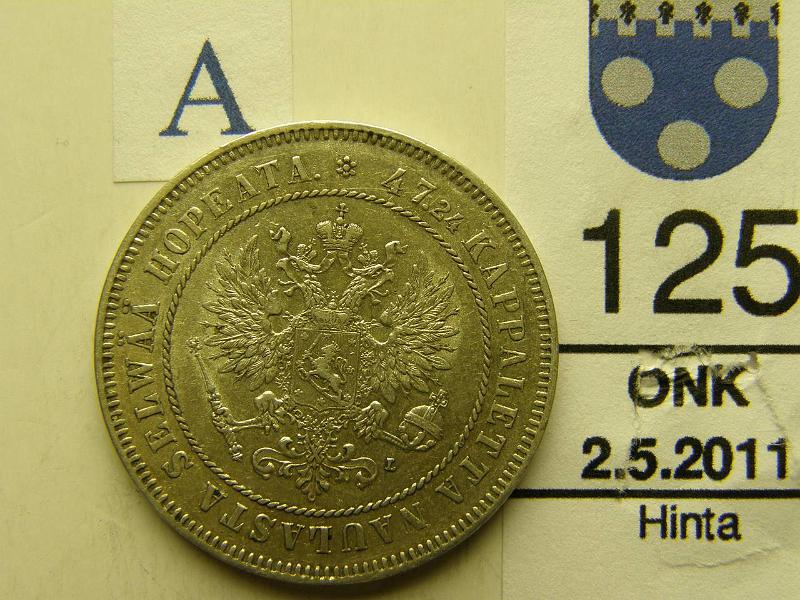 kohde_125_a.jpg - Kohde 125, tunnuspuoli, lhthinta: 50 € 2 mk 1908 Ag, kunto: 7.