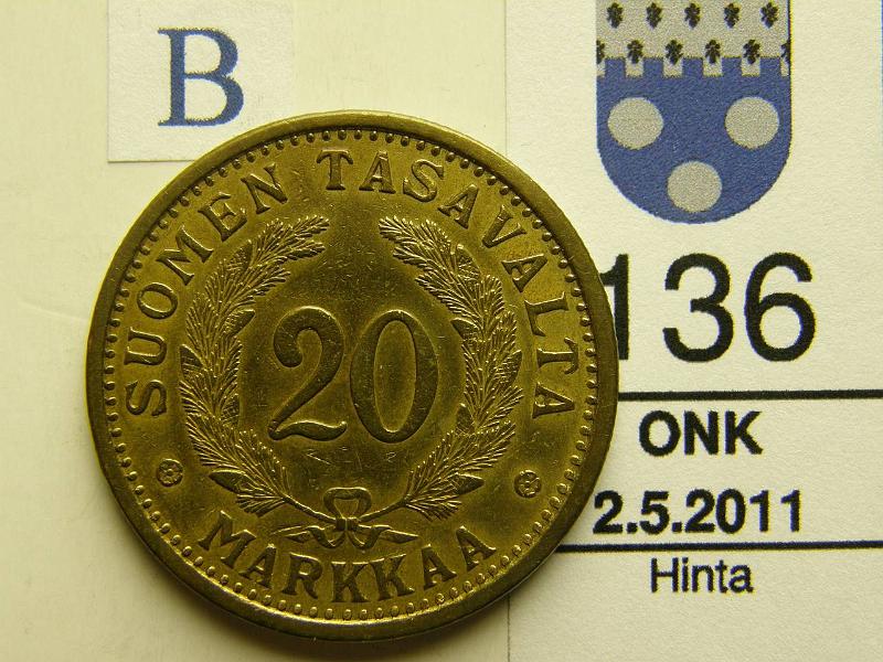 kohde_136_b.jpg - Kohde 136, arvopuoli, l�ht�hinta: 20 &euro; 20 mk 1934, kunto: 7/6.