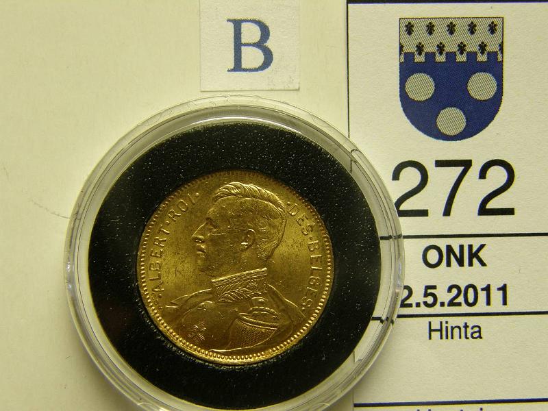 kohde_272_b.jpg - Kohde 272, tunnuspuoli, lhthinta: 150 € Belgia 20 francs 1914 KM#78 Au, 6, 4156g / 900, A-tyyppi, kapseli, kunto: 8.