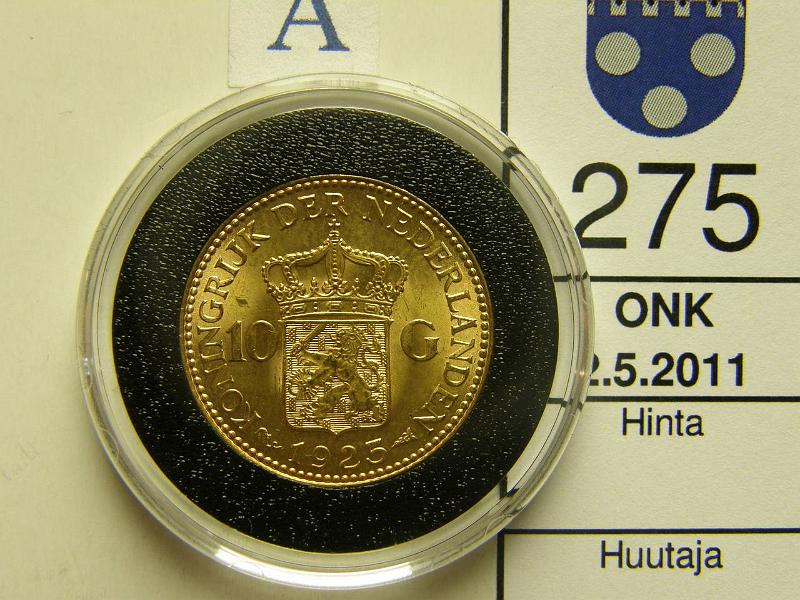 kohde_275_a.jpg - Kohde 275, arvopuoli, l�ht�hinta: 150 &euro; Hollanti 10 gulden 1925 KM#162 Au, 6.279 g / 900, kapseli, kunto: 9.