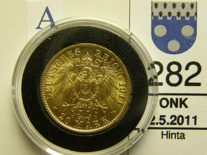 kohde_282_a.jpg - Kohde 282, arvopuoli, l�ht�hinta: 200 &euro; Saksa 20 mk Preussi 1911A KM#521 Au, 7.965 g / 900, hnja, kapseli, kunto: 8.