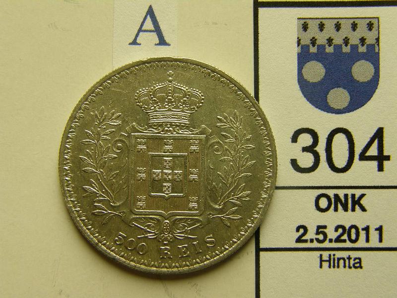 kohde_304_a.jpg - Kohde 304, arvopuoli, l�ht�hinta: 15 &euro; Portugali 500 Reis 1903 KM#535 12.5 g / 917, Carlos I profiili, kunto: 7.