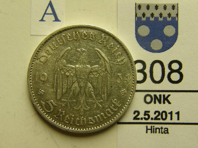 kohde_308_a.jpg - Kohde 308, arvopuoli, lhthinta: 5 € Saksa 5 DM 1934 KM#83 13.88 g / 900, Potsdamin linnakekirkko, hnja, kunto: 5.