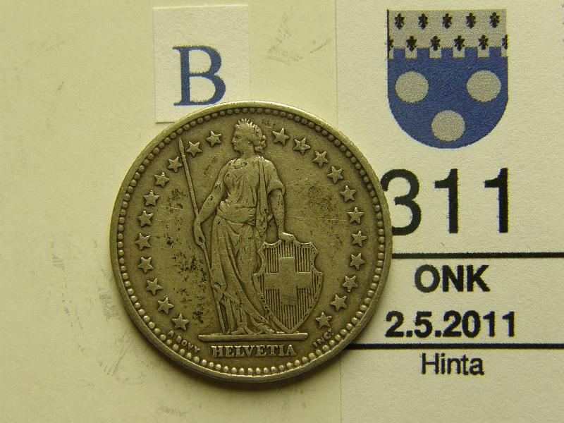 kohde_311_b.jpg - Kohde 311, tunnuspuoli, lhthinta: 5 € Sveitsi 2 Franc 1908b KM#21 10g / 8350., kunto: 5.