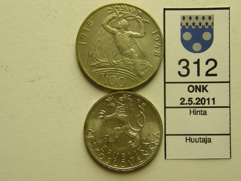 kohde_312_a.jpg - Kohde 312, lhthinta: 5 € Tsekkoslovakia 50+100 Korun 1947, -48 KM#24, 27 50 korun 10g / 500 huntunainen, hpja, 100 korun 14g / 500, mies, lippu ja lehv, kunto: 7.