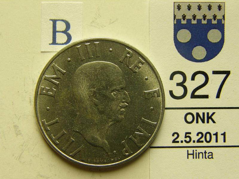 kohde_327_b.jpg - Kohde 327, tunnuspuoli, lhthinta: 10 € Italia 2 liira 1940 KM#78a ei magneettinen, kunto: 7.