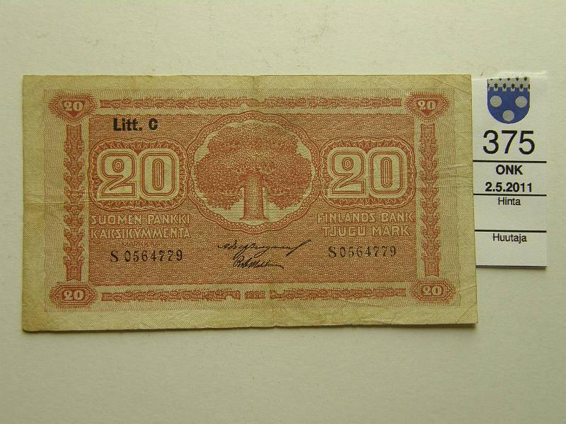 kohde_375_a.jpg - Kohde 375, lhthinta: 8 € 20 mk 1922 LC SNY 158.4, S0564779 BUR-Wah, pehme paperi, kunto: 4.