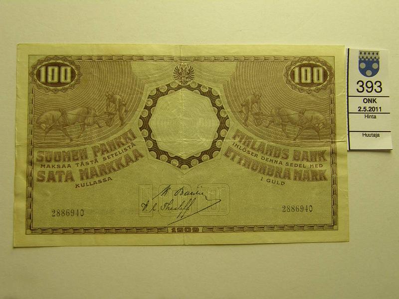 kohde_393_a.jpg - Kohde 393, lhthinta: 40 € 100 mk 1909 KVK SNY 176.4, 2886940 BAS-The, kunto: 5.
