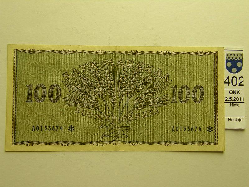 kohde_402_a.jpg - Kohde 402, lhthinta: 25 € 100 mk 1955* SNY 181.2, A0153674* JUT-AAs, korvaava, kunto: 6.