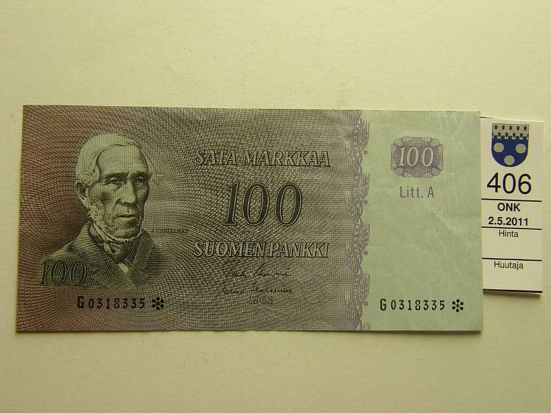 kohde_406_a.jpg - Kohde 406, l�ht�hinta: 35 &euro; 100 mk 1963* LA SNY 183.4, G0482766* UUS-Hes (harvinaisempi allek.), korvaava, kunto: 5.