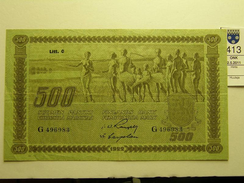 kohde_413_a.jpg - Kohde 413, l�ht�hinta: 160 &euro; 500 mk 1922 LC SNY 189.5, G496983 RAN-Car, tyyppi II, kunto: 4.